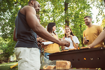 Image showing Happy friends are having beer and barbecue party at sunny day