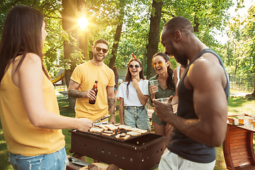 Image showing Happy friends are having beer and barbecue party at sunny day