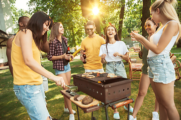 Image showing Happy friends are having beer and barbecue party at sunny day