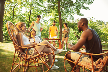 Image showing Happy friends are having beer and barbecue party at sunny day