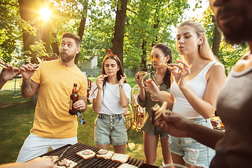 Image showing Happy friends are having beer and barbecue party at sunny day