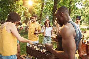 Image showing Happy friends are having beer and barbecue party at sunny day