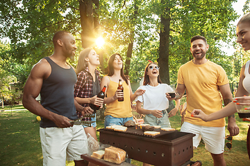 Image showing Happy friends are having beer and barbecue party at sunny day