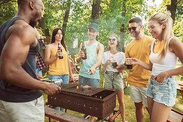 Image showing Happy friends are having beer and barbecue party at sunny day