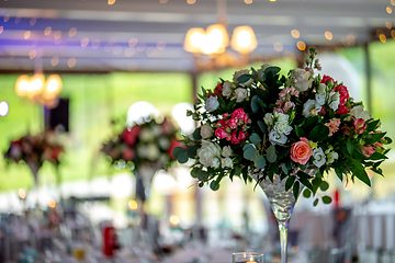 Image showing Wedding table decorated with flowers 