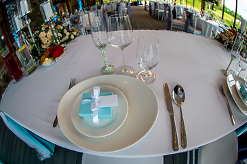 Image showing Table setting for wedding party in restaurant