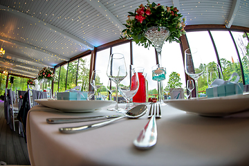 Image showing Table setting for wedding party in restaurant