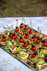 Image showing Wedding table with canapes and sandwiches