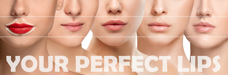 Image showing Beautiful female face, concept of skincare and lifting. Perfect lips.