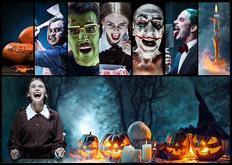 Image showing Mystical characters in nightly creative collage. Concept of horror, Halloween time.