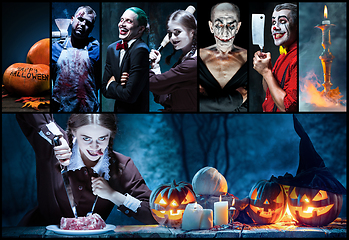 Image showing Mystical characters in nightly creative collage. Concept of horror, Halloween time.