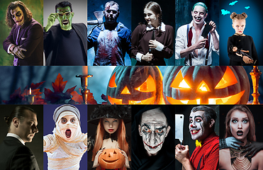 Image showing Mystical characters in nightly creative collage. Concept of horror, Halloween time.