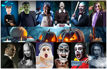 Image showing Mystical characters in nightly creative collage. Concept of horror, Halloween time.