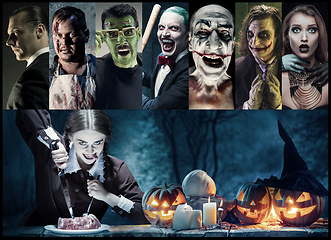 Image showing Mystical characters in nightly creative collage. Concept of horror, Halloween time.