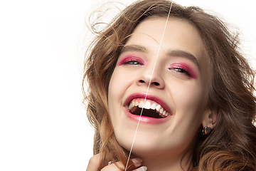 Image showing Close up female portrait, dental whitening and cleaning before and after