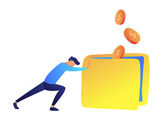 Image showing Young businessman pushing big heavy wallet forward and coins falling into it vector illustration.