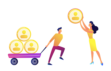 Image showing Businessman pulling cart with people profiles pyramid and woman giving one vector illustration.