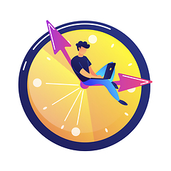 Image showing Programmer working on laptop sitting on the hand in a big clock vector illustration.