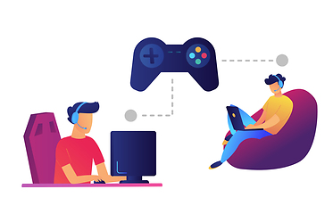 Image showing Game controller and gamers playing computer and laptop vector illustration.