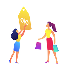 Image showing Woman with shopping bags and shop discount tag vector illustration.