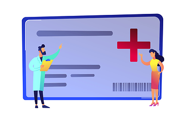 Image showing Doctor with clipboard, female patient and medical insurance card vector illustration.