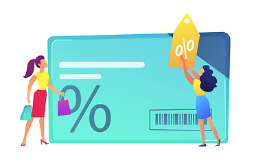 Image showing Female shopper, sales woman with discount tag and huge discount card vector illustration.