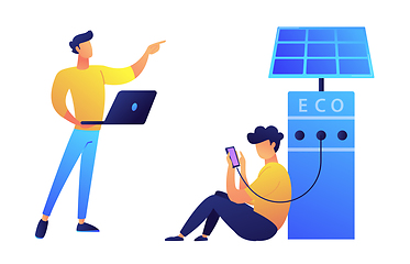 Image showing User charging smartphone from solar recarge station and programmer with laptop vector illustration.