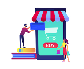 Image showing A couple shopping online with huge smartphone with shopping cart vector illustration.