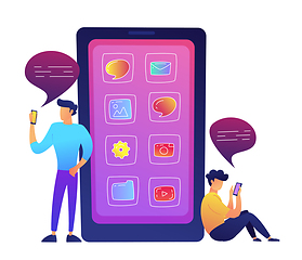 Image showing Huge smartphone with apps icons and two users communicating with social media vector illustration.