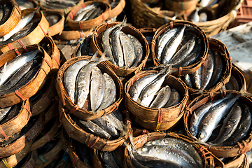 Image showing Mackerel fish in round bamboo basket
