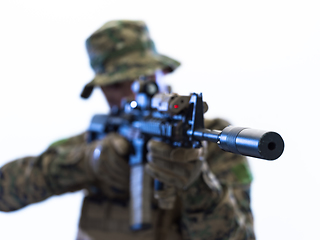 Image showing soldier aiming laseer sight optics white background