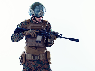 Image showing soldier aiming laseer sight optics white background