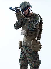 Image showing soldier aiming laseer sight optics white background