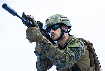 Image showing soldier aiming laseer sight optics white background