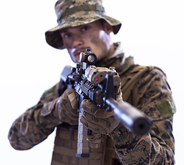 Image showing soldier aiming laseer sight optics white background