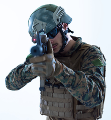 Image showing soldier aiming laseer sight optics white background