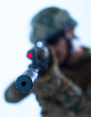 Image showing soldier aiming laseer sight optics white background
