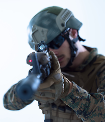 Image showing soldier aiming laseer sight optics white background