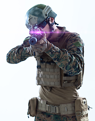 Image showing soldier aiming laseer sight optics white background