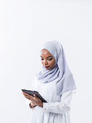 Image showing african business woman using tablet computer