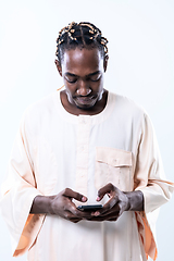 Image showing african man using smartphone