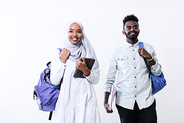 Image showing african students couple walking