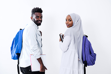 Image showing african students couple walking