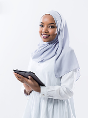 Image showing african business woman using tablet computer