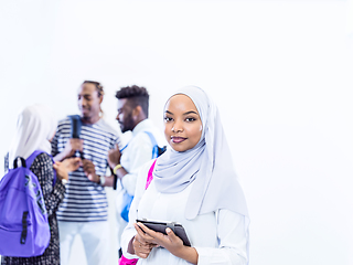 Image showing muslim female student with group of friends