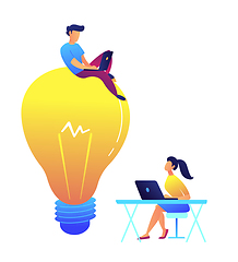 Image showing Programmer working with laptop on huge light bulb and designer at desk vector illustration.