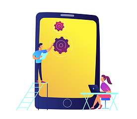 Image showing Developers and huge mobile phone with gears vector illustration.