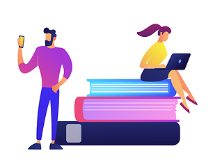 Image showing Female student with laptop sitting on stack of books and student with mobile phone vector illustration.