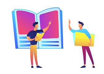 Image showing Huge book, teacher pointing and student vector illustration.