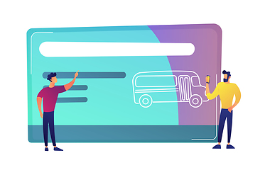 Image showing Two men near huge public transport travel card with bus vector illustration.